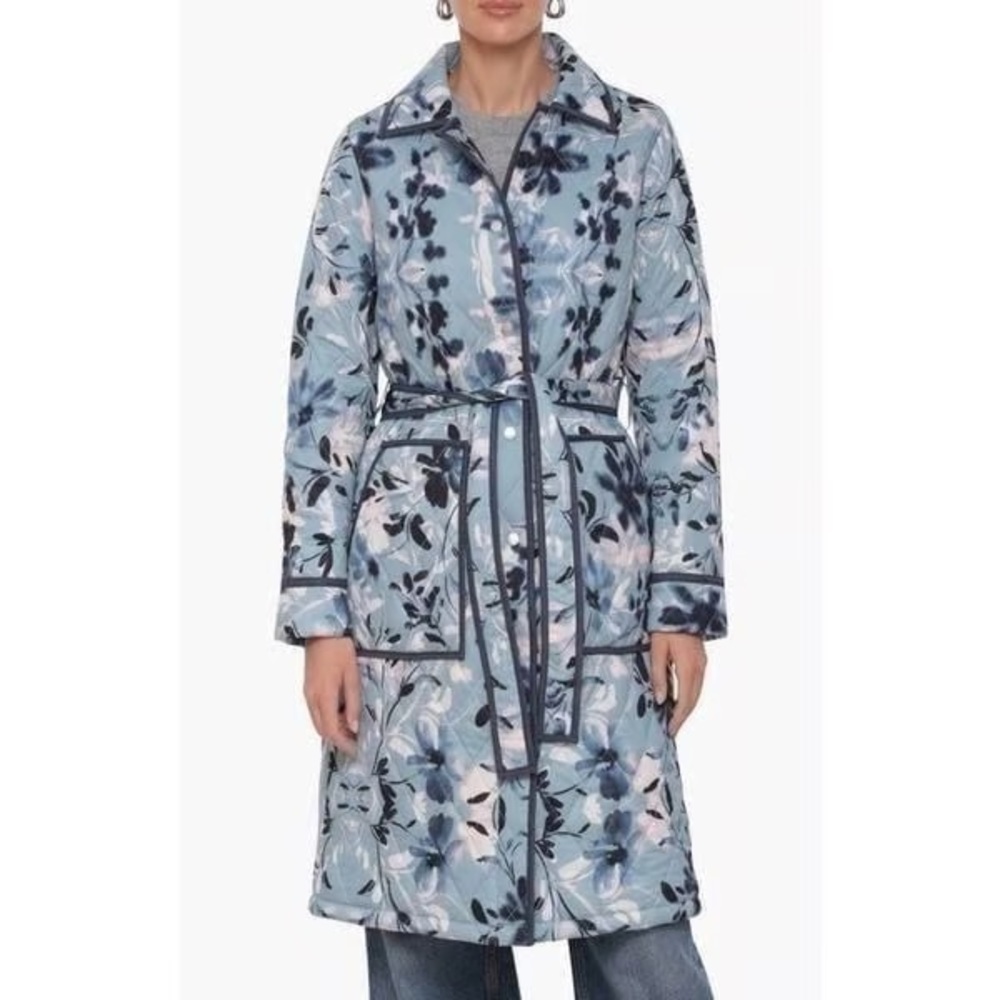 Avec Les Filles Blue Floral Trench Coat